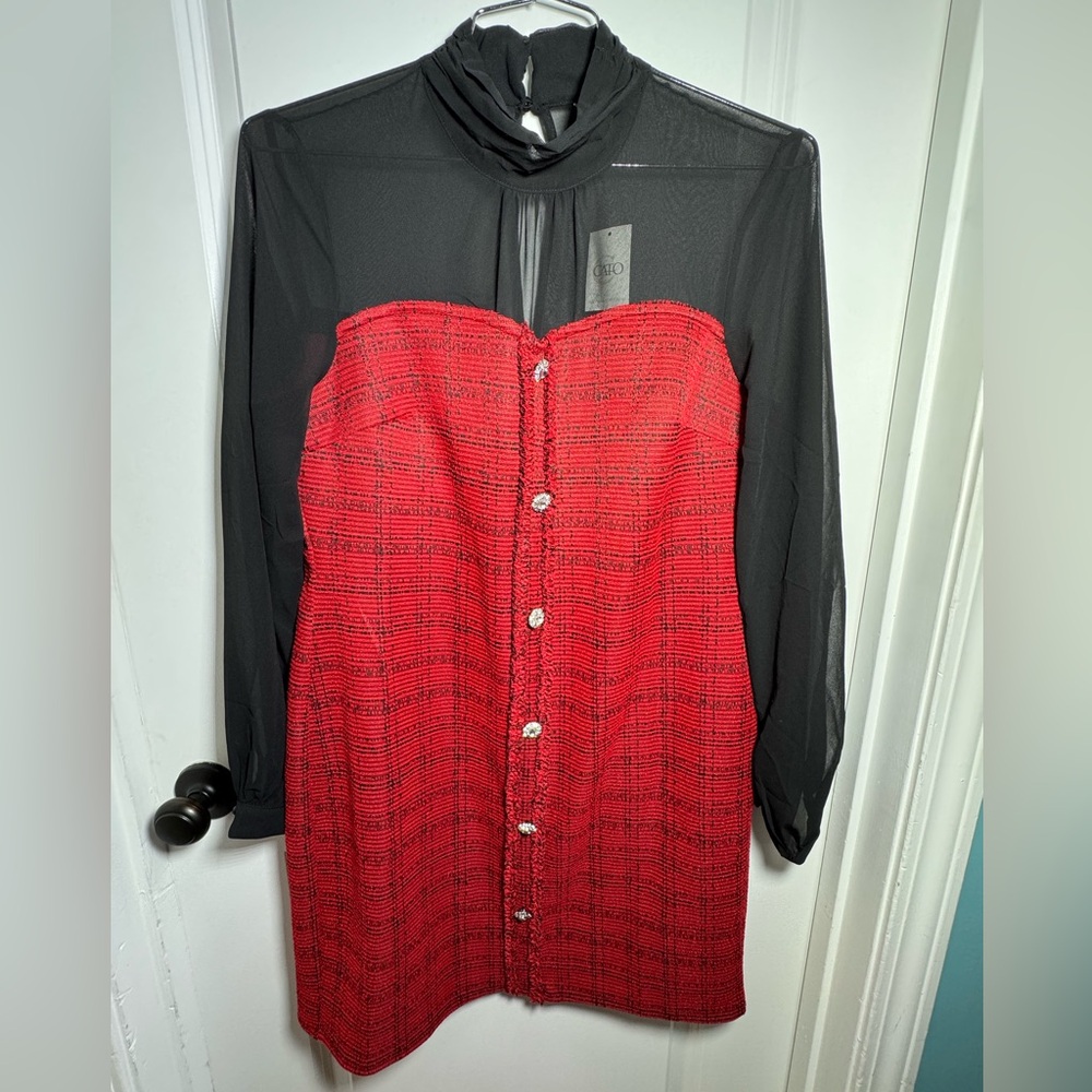 Cato Red Strapless Tweed Dress with Black Sheer Overlay
